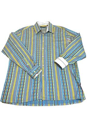 VTG Y2K MANHATTAN PERRY ELLIS STRIPED BUTTON DOWN 100% COTTON SHIRT MULTI SZ L